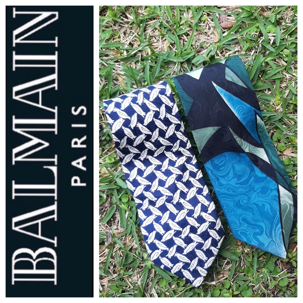 BALMAIN (2) Silk Vintage Ties Penguins Art Deco